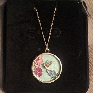 Gold-Tone Hummingbird Floral Pendant Necklace in Mint and Pink